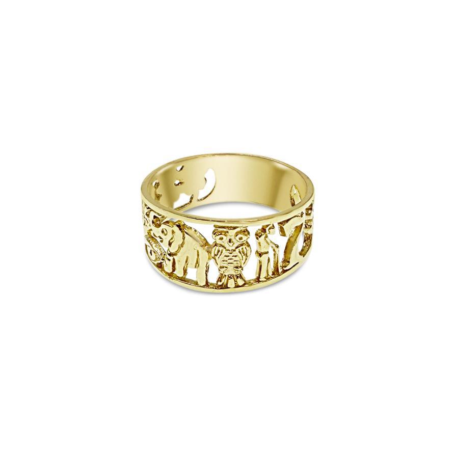 14K Yellow Gold Good Luck Band Ring Elephant Owl Cut out