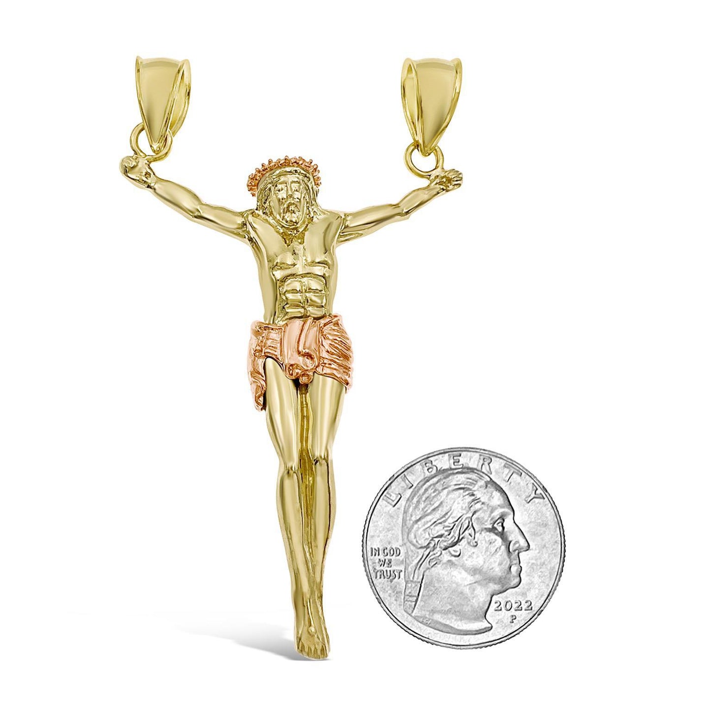 Jesus Crucifix Pendant 10k Gold 3D Two Bail Charm 3"