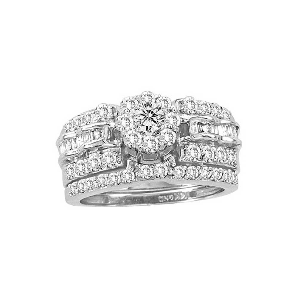 1.38ctw Diamond Halo Cluster Baguette Bridal Set 14K White Gold
