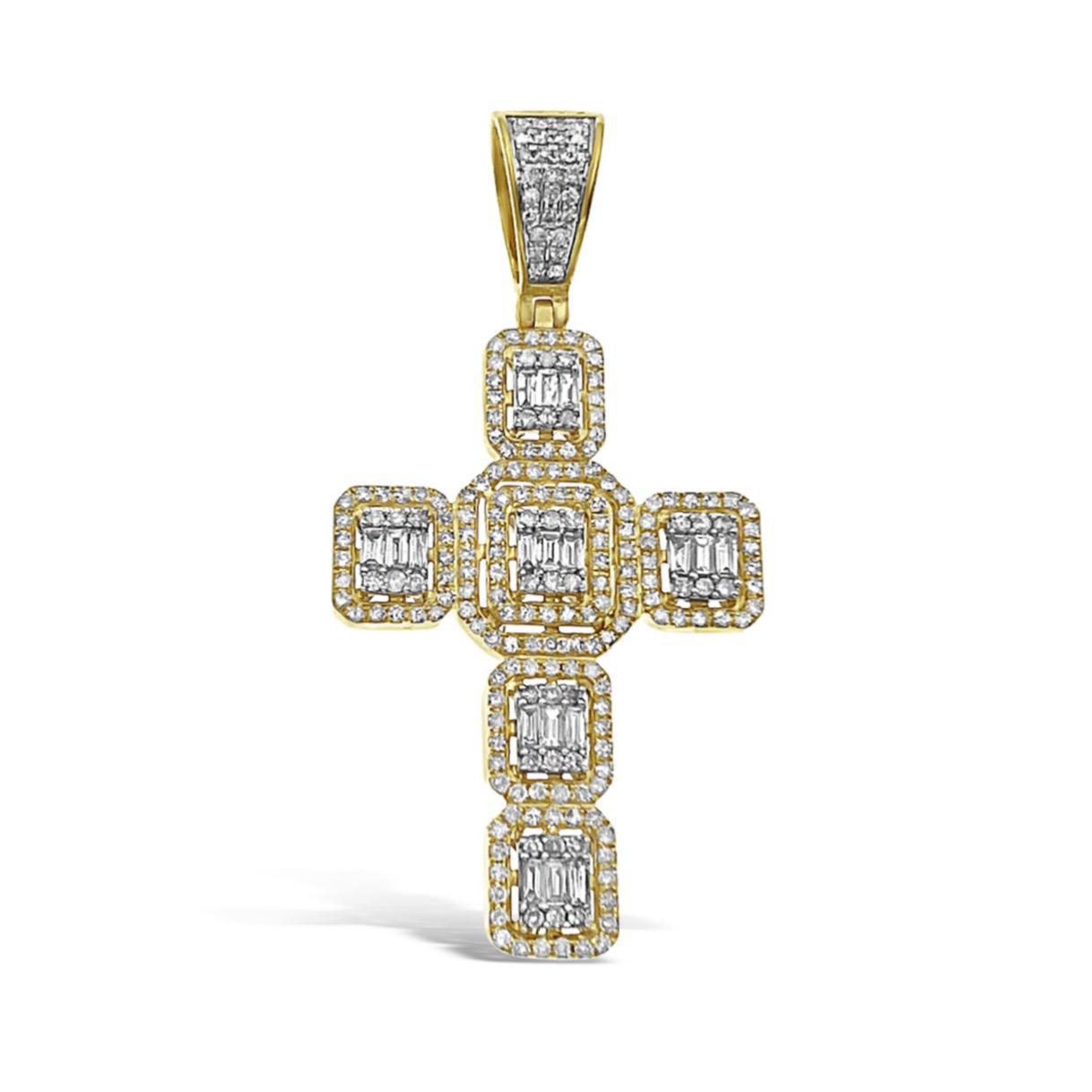 1.68 Cttw Baguette Diamond Cross Mens Pendant Charm 14k Yellow Gold