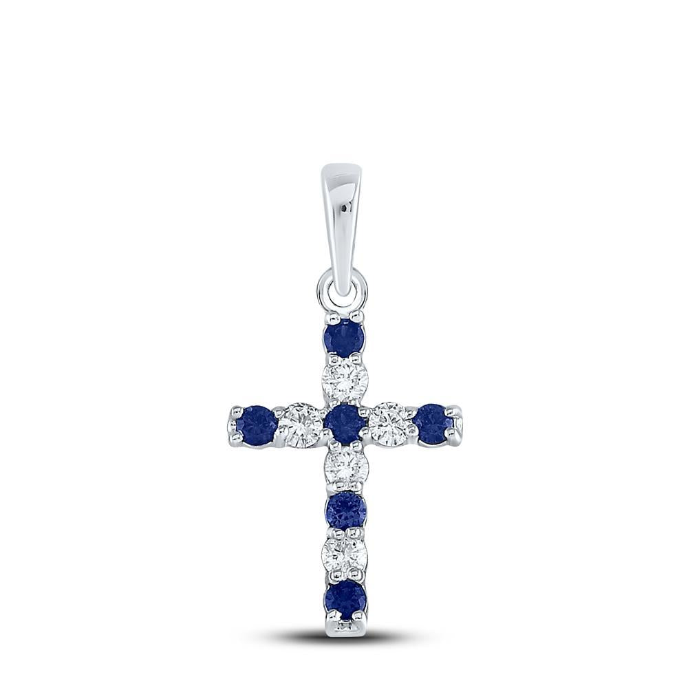Lab Created Blue Sapphire Diamond Cross Pendant 10K White Gold 0.36cttw