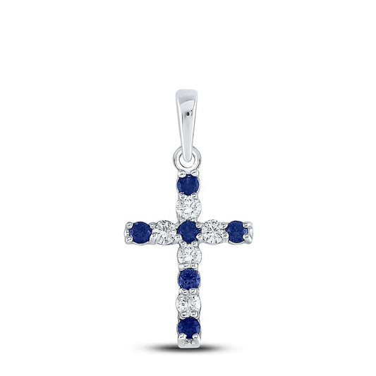 Lab Created Blue Sapphire Diamond Cross Pendant 10K White Gold