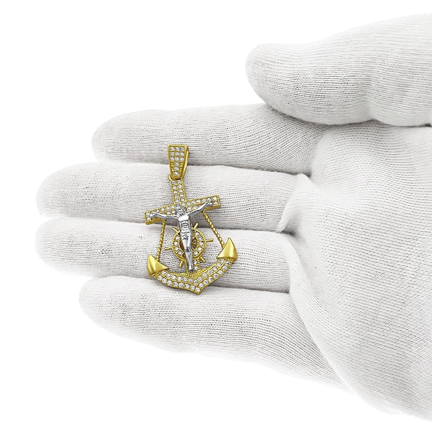 10k Yellow Gold Anchor Jesus Crucifix Pendant CZ Charm 1.7"