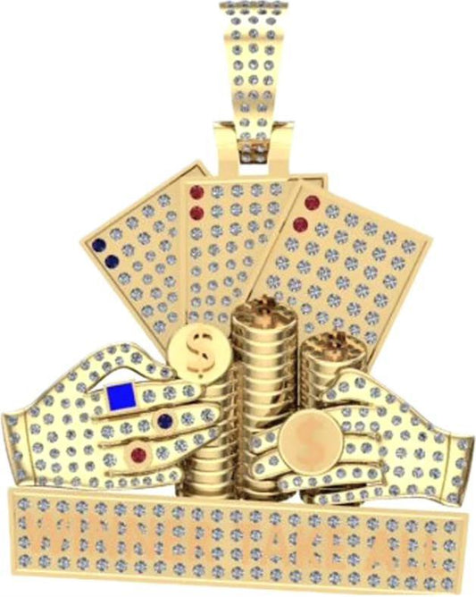 1.68ctw Poker Cards Money Hands Pendant 10k Gold Iced Out Charm