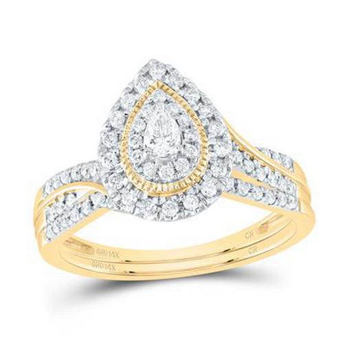 14K Yellow Gold Pear Halo Diamond Bridal Ring Set 0.50ctw