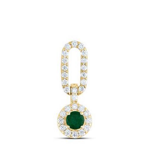 14K Yellow Gold Emerald & Diamond Halo Link Pendant
