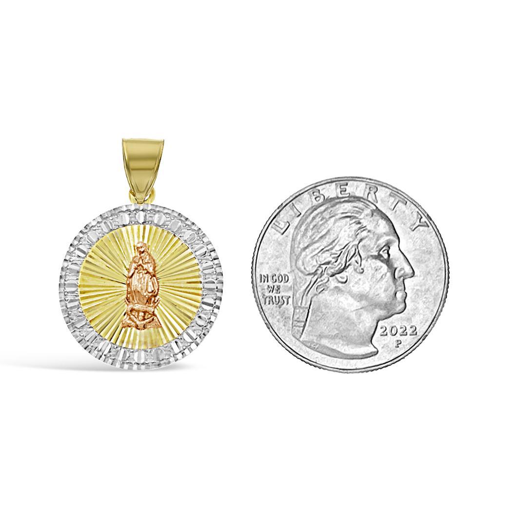 14K Tri Color Gold Virgin Mary Round Pendant