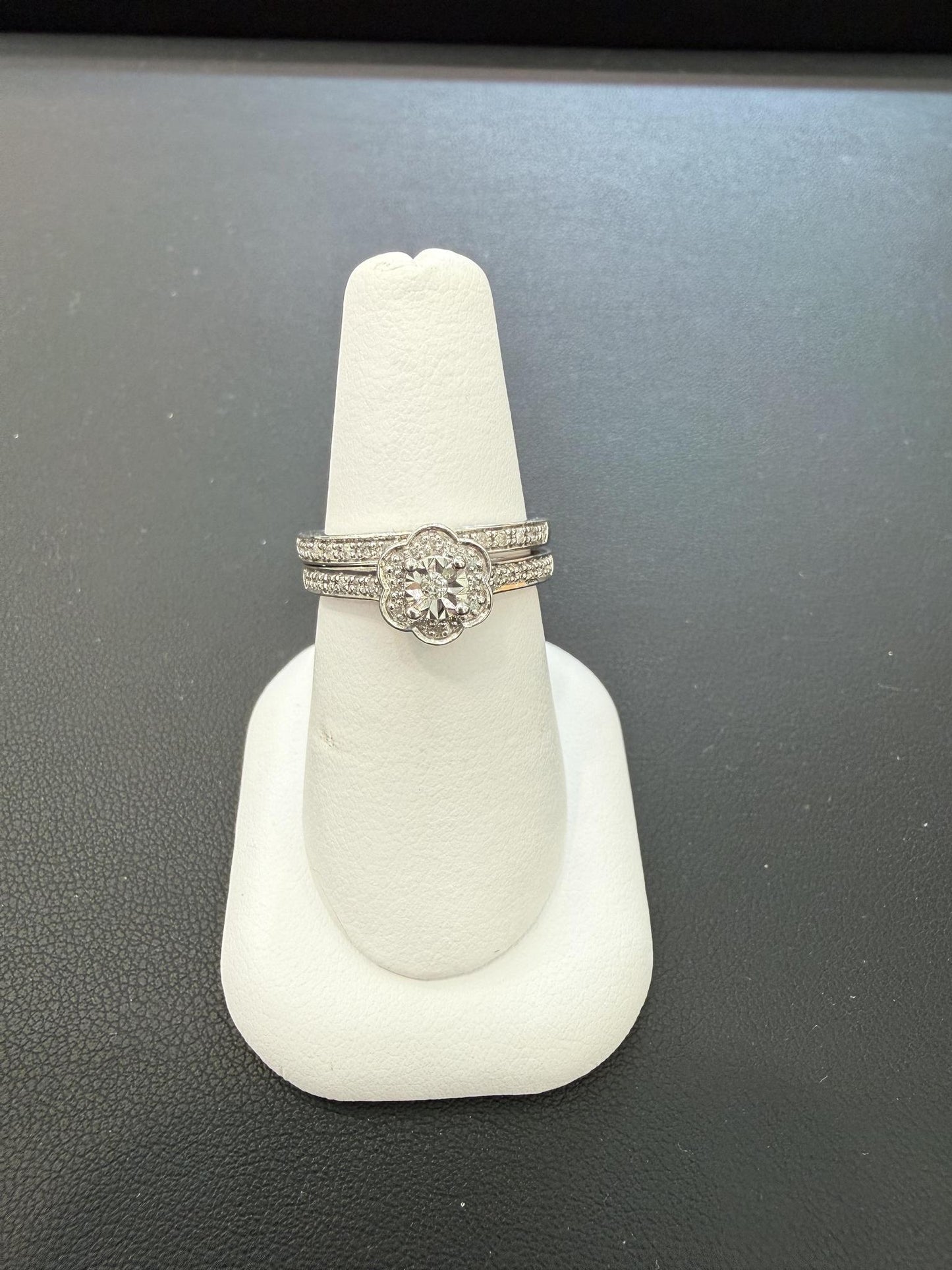 0.25ctw Diamond Bridal Set Flower Halo Engagement Ring 925 Sterling Silver