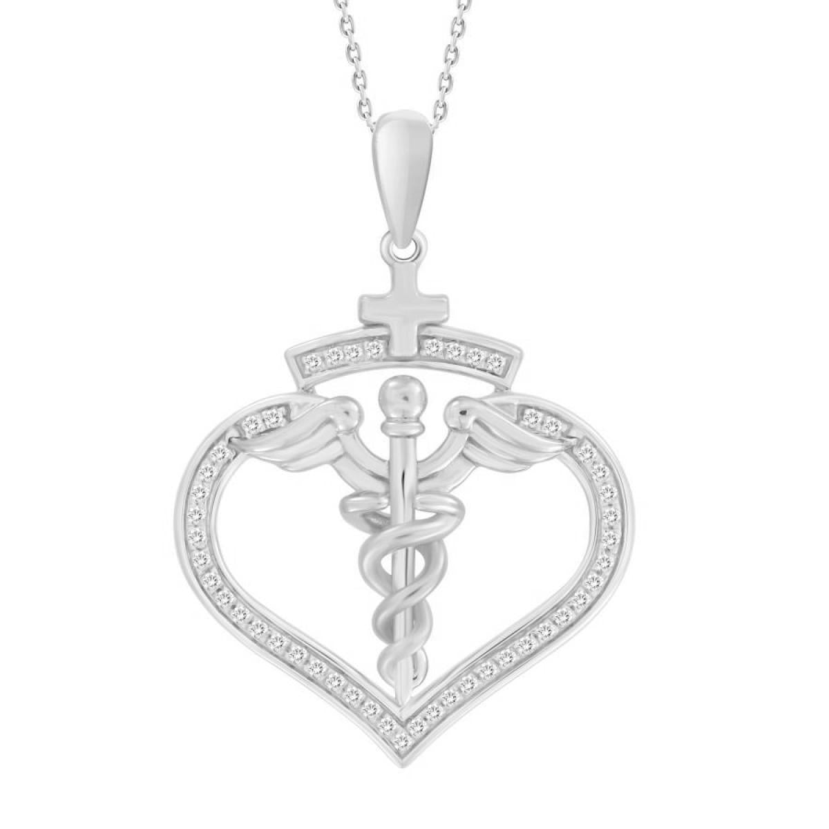 Diamond Caduceus Heart Pendant 10K White Gold Nurse Doctor Medical Jewelry