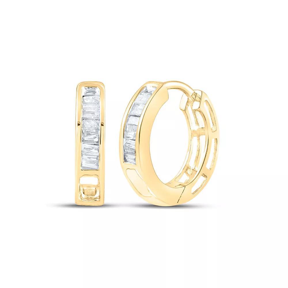 Diamond Huggie Hoop Earrings 10kt Yellow Gold Womens Baguette