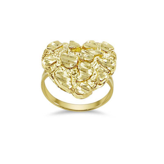 10K Yellow Gold Nugget Heart Ring Women Real Gold Textured Statement Jewelry