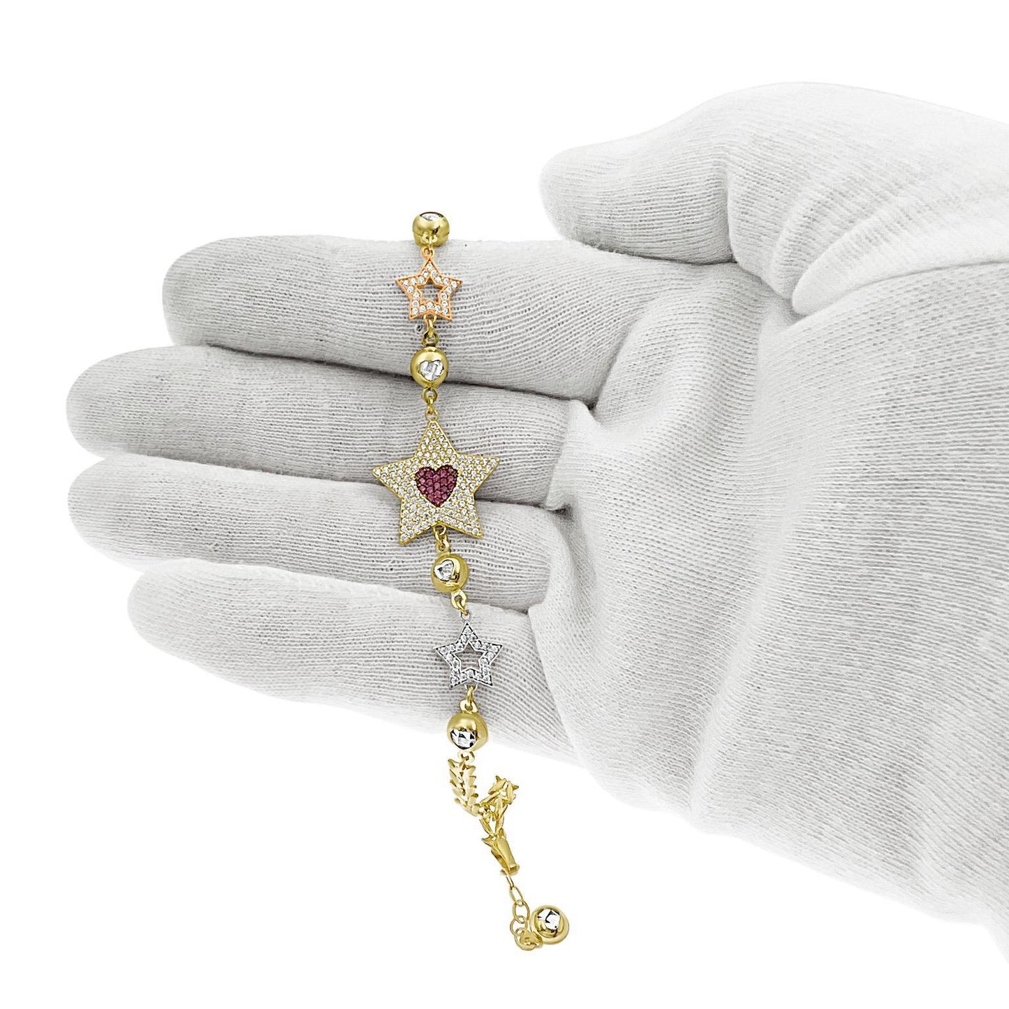 14K Tri Color Gold Star Heart Bracelet