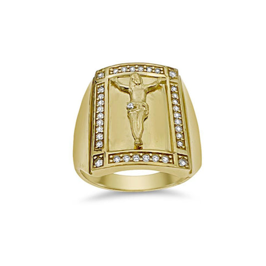 10k Yellow Gold CZ Jesus Crucifix Ring Religious Statement Ring
