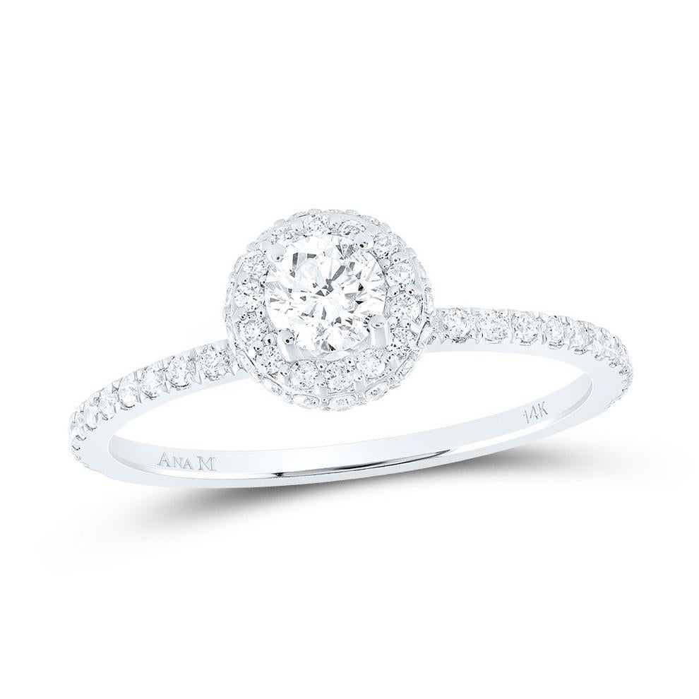 0.63 Ctw Diamond Round Halo Engagement Ring 14k White Gold Bridal