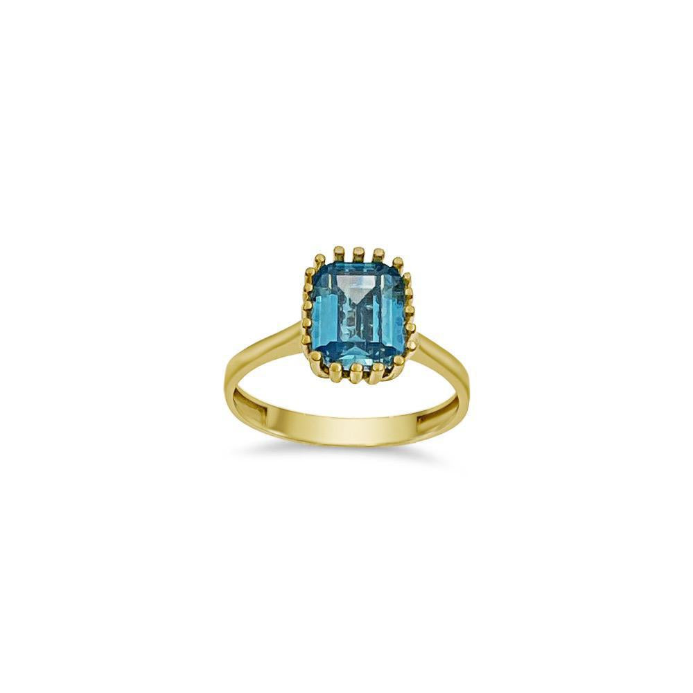 14K Yellow Gold Blue Emerald Cut Solitaire Ring