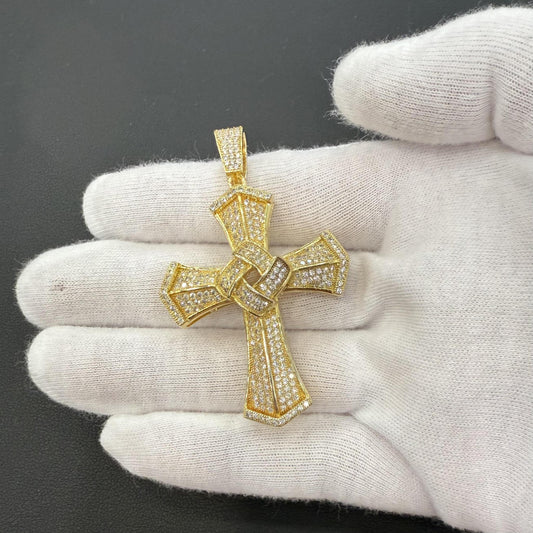 Cross Pendant Charm 925 Sterling Silver Gold Plated Iced Out CZ 2.4"