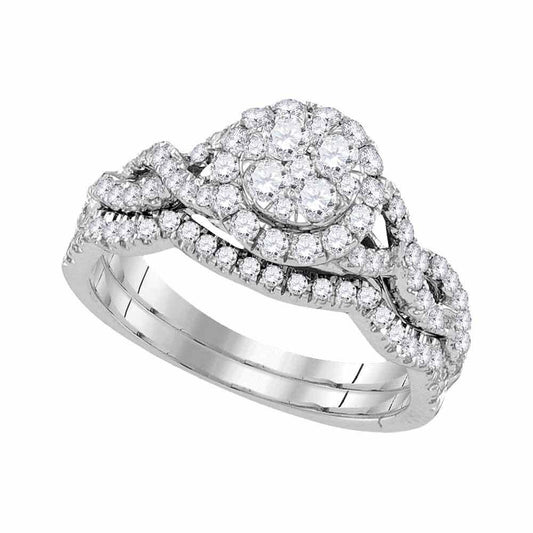 14k White Gold Diamond Round Cluster Bridal Wedding Ring Band Set 0.88 Ctw