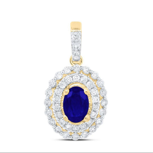 Blue Sapphire Diamond Oval Halo Pendant 14K Yellow White Gold