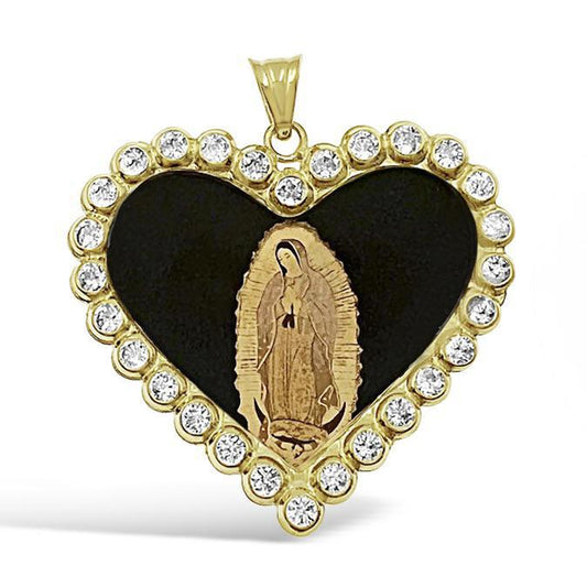 14k Yellow Gold Virgin Mary Pendant Lady Guadalupe Charm Heart 1.2"