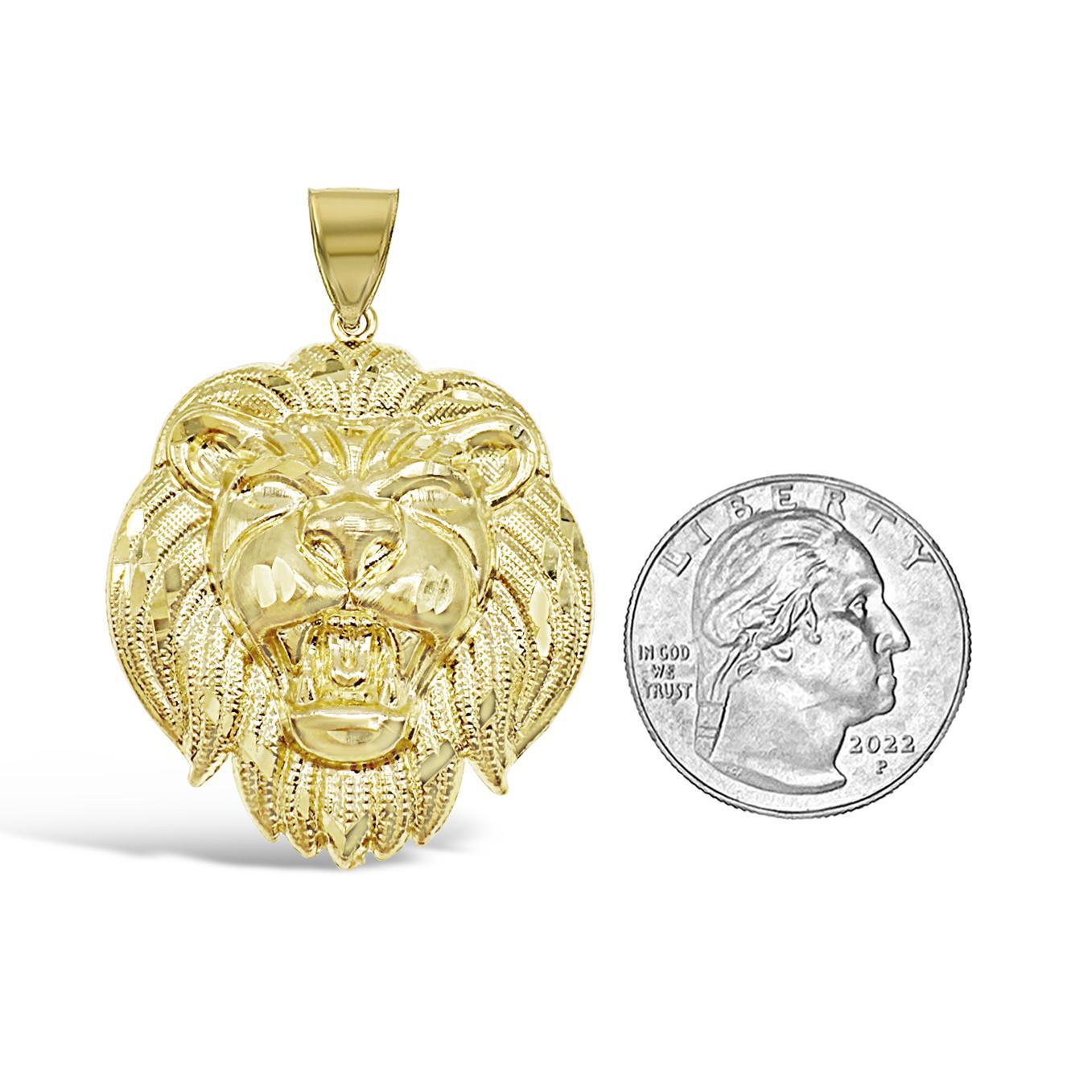 Lion Head Pendant Mens Charm 10K Yellow Gold 1.9 Inch
