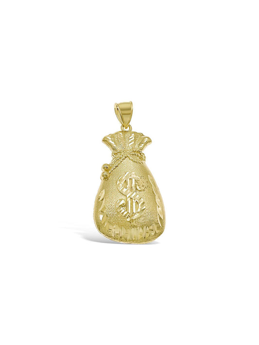 Money Bag 10k Yellow Gold Pendant Dollar Sign Charm 2.2"