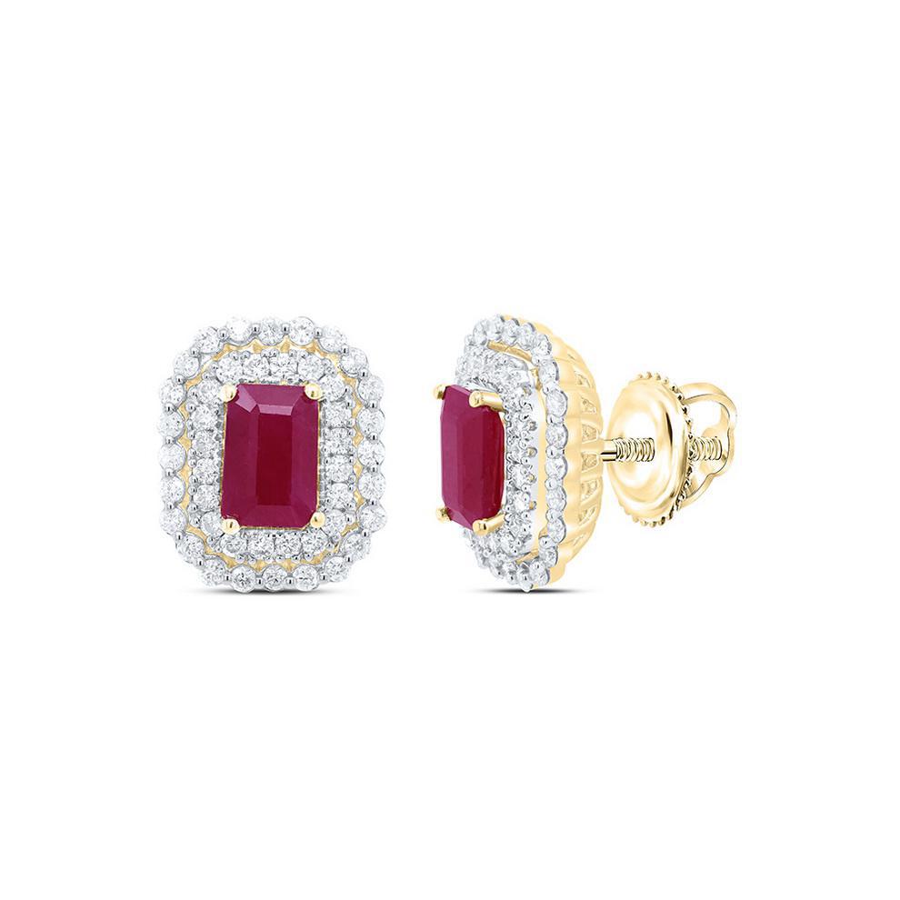 Natural Ruby Emerald Cut & Diamond Halo Stud Earrings 14k Yellow Gold Screw Back