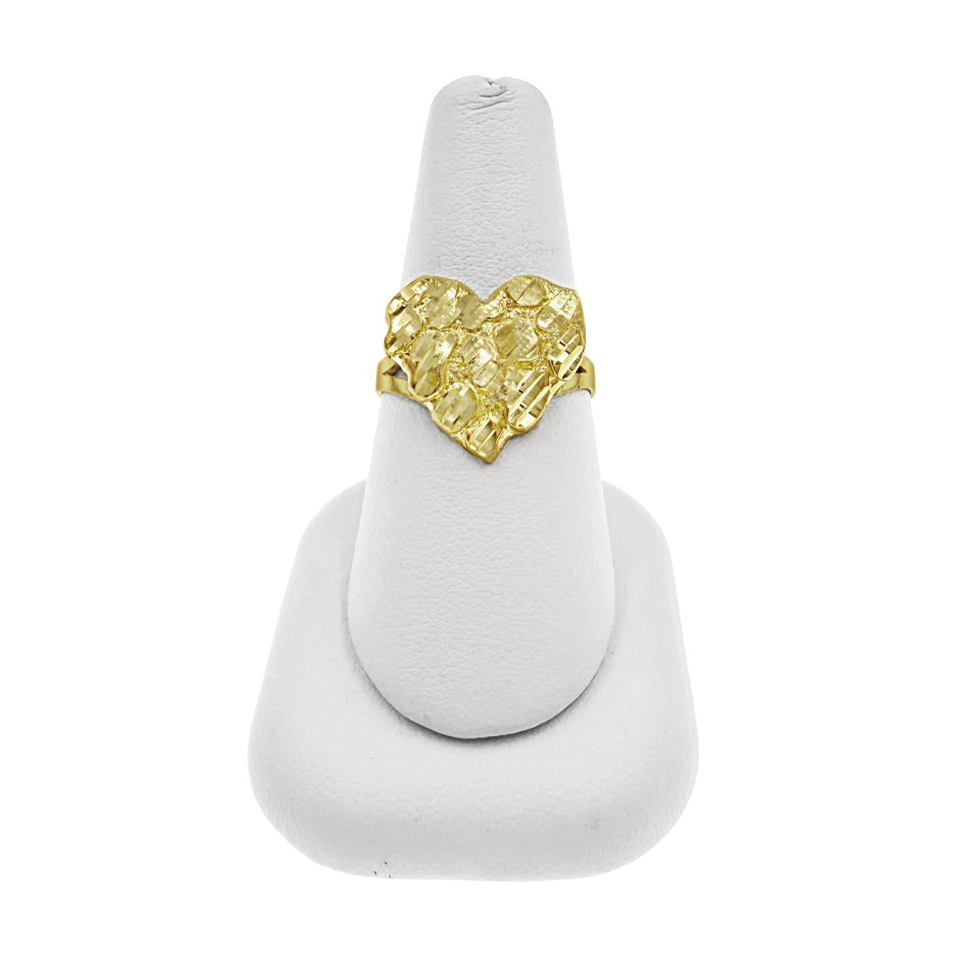 10K Yellow Gold Nugget Heart Ring Women Real Gold Textured Statement Jewelry