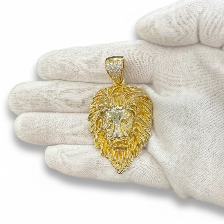 Lion Head Pendant Charm 925 Sterling Silver Gold Plated CZ Iced Out