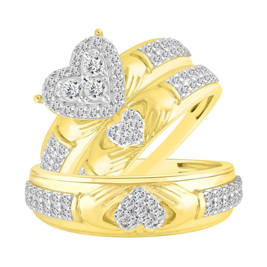 1 Cttw Round Diamond Heart Cluster Bridal Wedding Ring Band Set 10k Yellow Gold