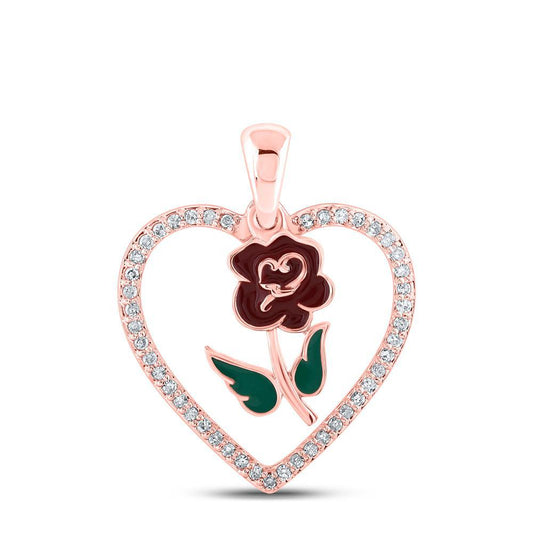 Diamond Rose Heart Enameled Pendant 10k Rose Gold Charm