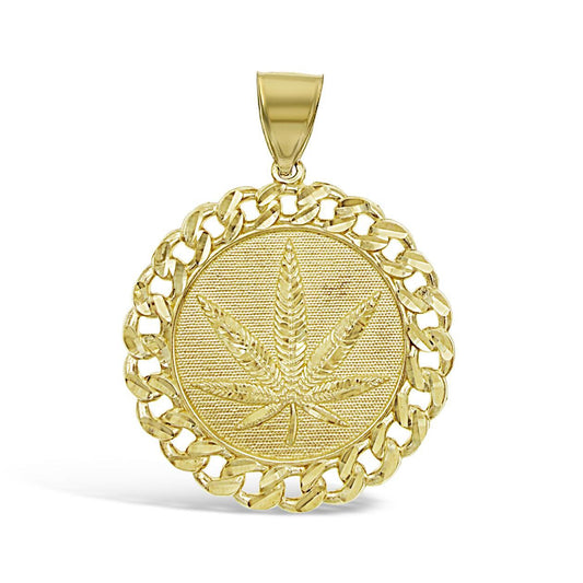 10K Yellow Gold Marijuana Leaf Mens Round Pendant