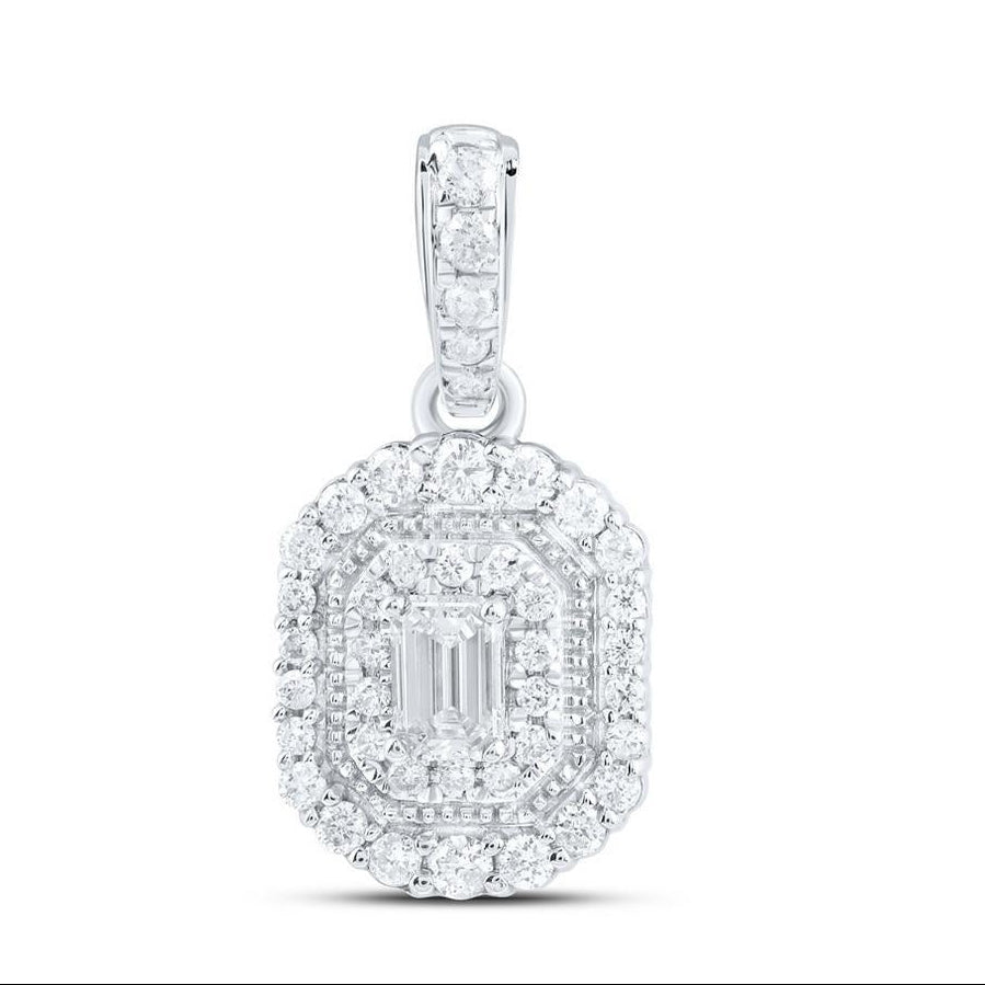 Diamond Emerald Cut Halo Pendant 14K White Gold