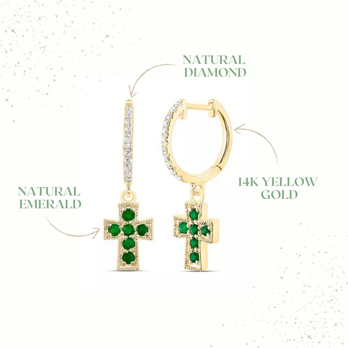 Natural Green Emerald & Diamond Cross Hoop Dangle Drop Earrings 14k Yellow Gold