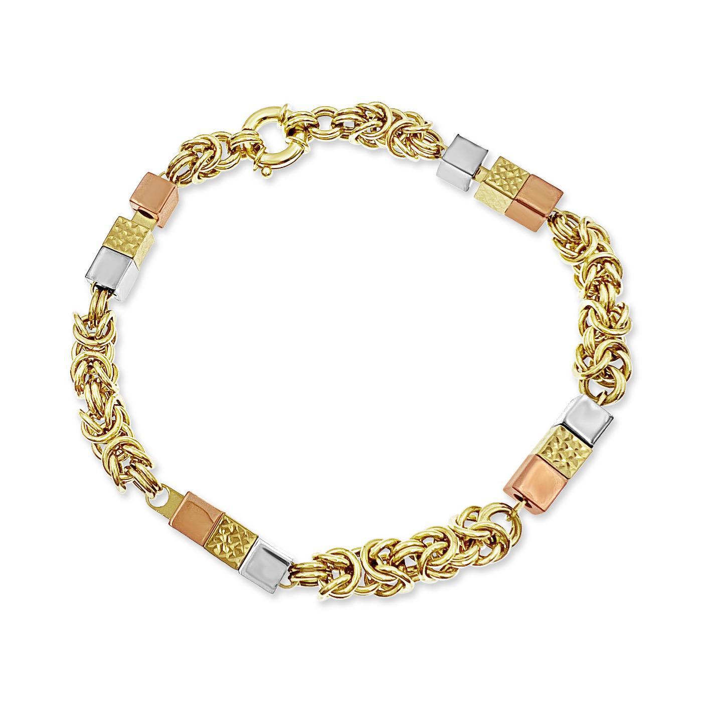14k Yellow Gold Byzantine Link Square Charm Tri Color Bracelet 5mm