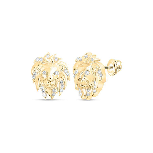 Diamond Lion Head Stud Earrings 10kt Yellow Gold Mens