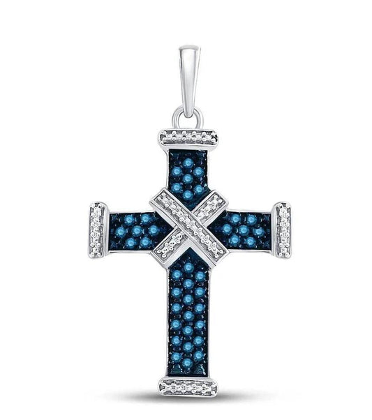0.25ctw Blue White Diamond Cross Pendant 925 Sterling Silver