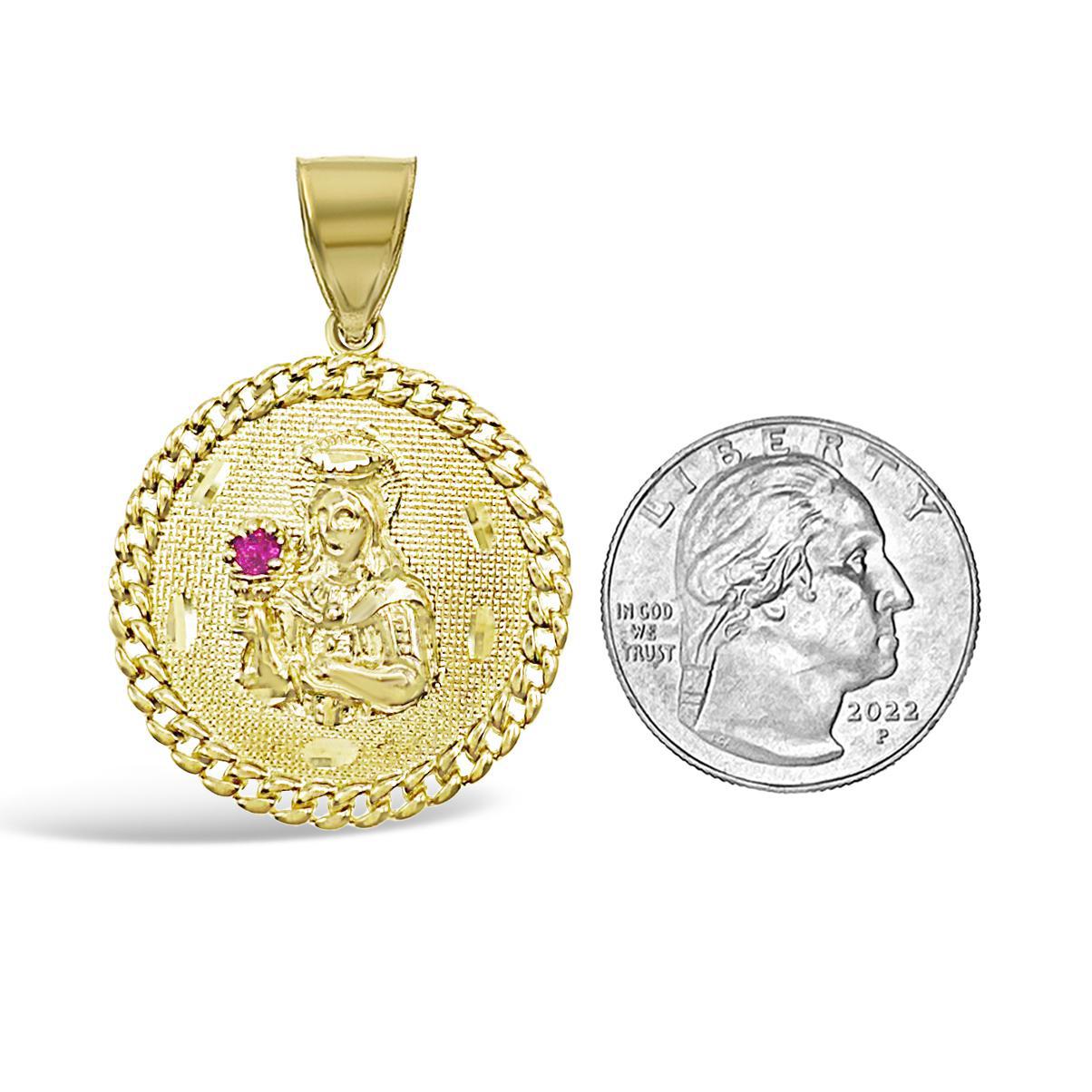 10K Gold Saint Barbara Medallion Mens Pendant Charm Simulated Ruby 1.6 inch