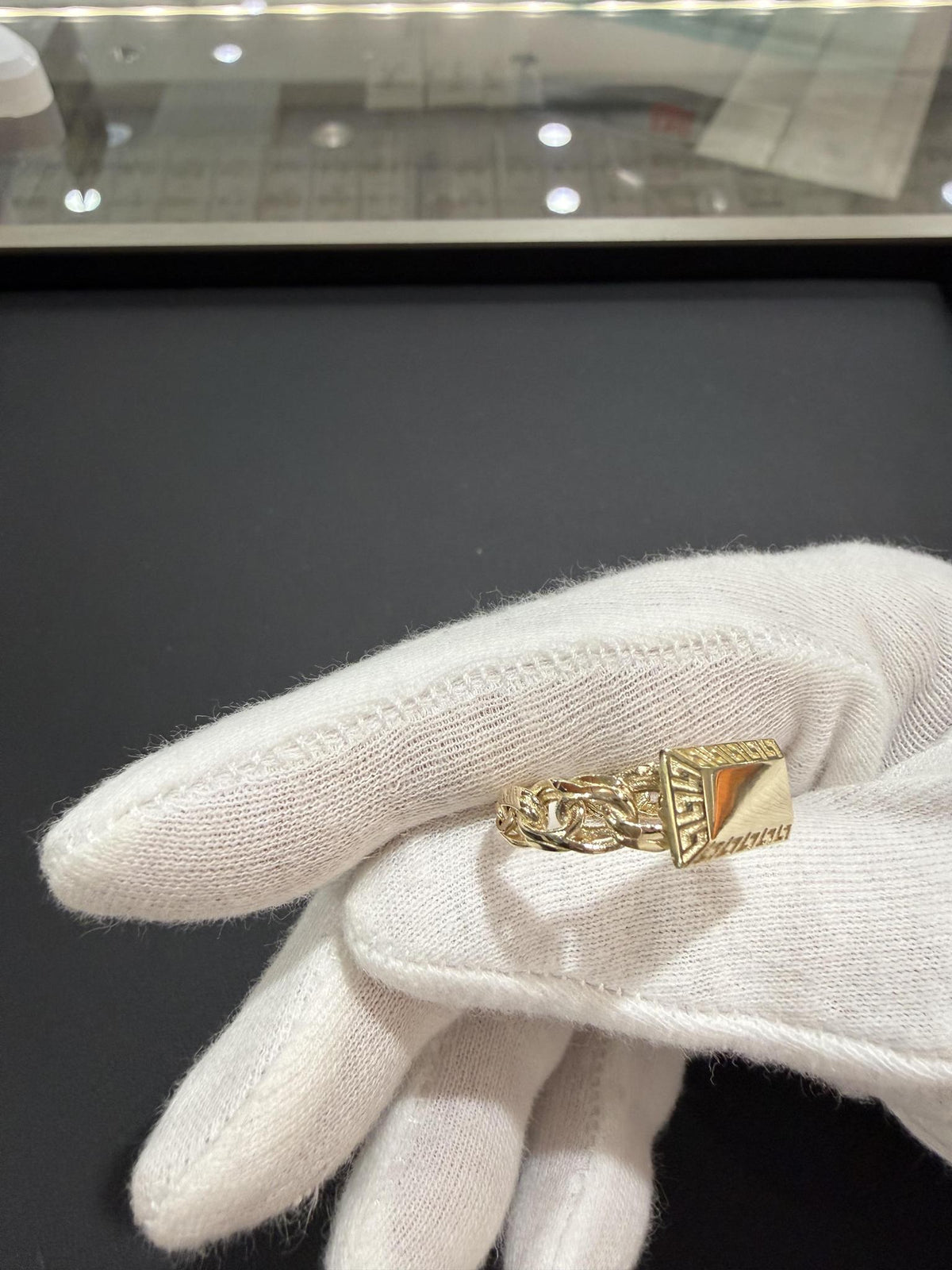 10K Yellow Gold Cuban Link Greek Key Signet Ring