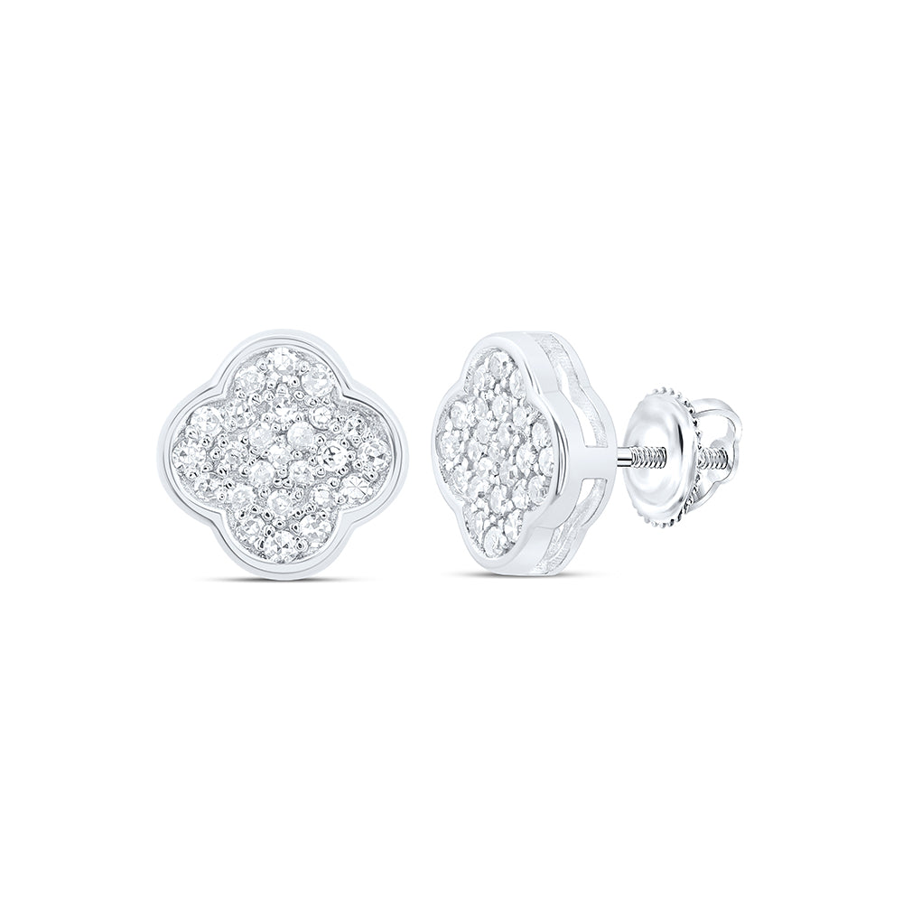 Diamond Round Stud Clover Earrings 10k White Gold Screwback