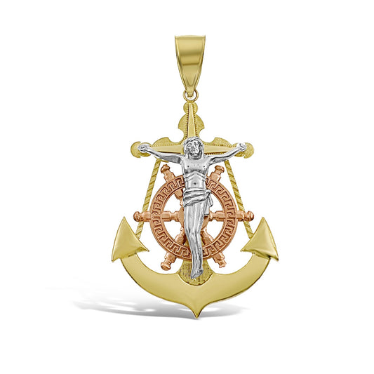 Anchor Jesus Crucifix Cross Pendant 10k Gold Men Charm 2.6"