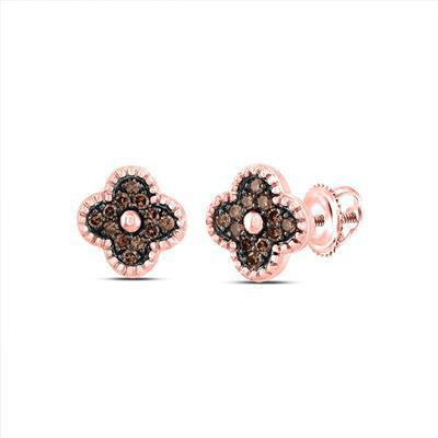 0.20ctw Chocolate Diamond Flower Clover Stud Earrings 10k Rose Gold Screw Back