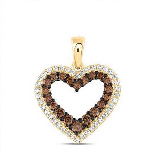 Brown White Diamond Double Heart Pendant 14K Yellow Gold