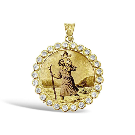 St Christopher Medal Round Real 14k Gold Charm 1.2"