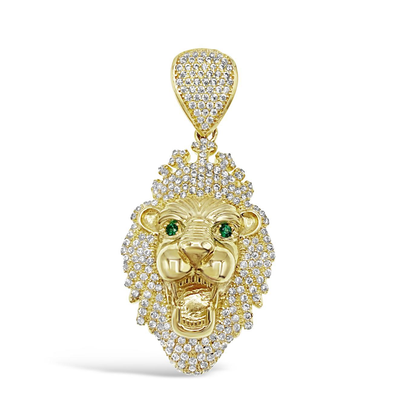 10K Yellow Gold Lion Head Pendant Mens Charm CZ 1.9"