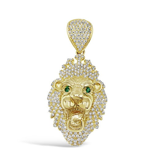 10K Yellow Gold Lion Head Pendant Mens Charm CZ 1.9"