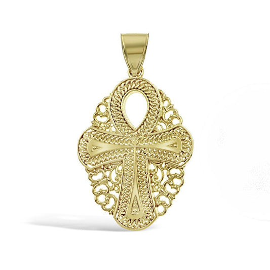 10K Yellow Gold Egyptian Ankh Cross Pendant Religious Mens Charm 1.4 inch