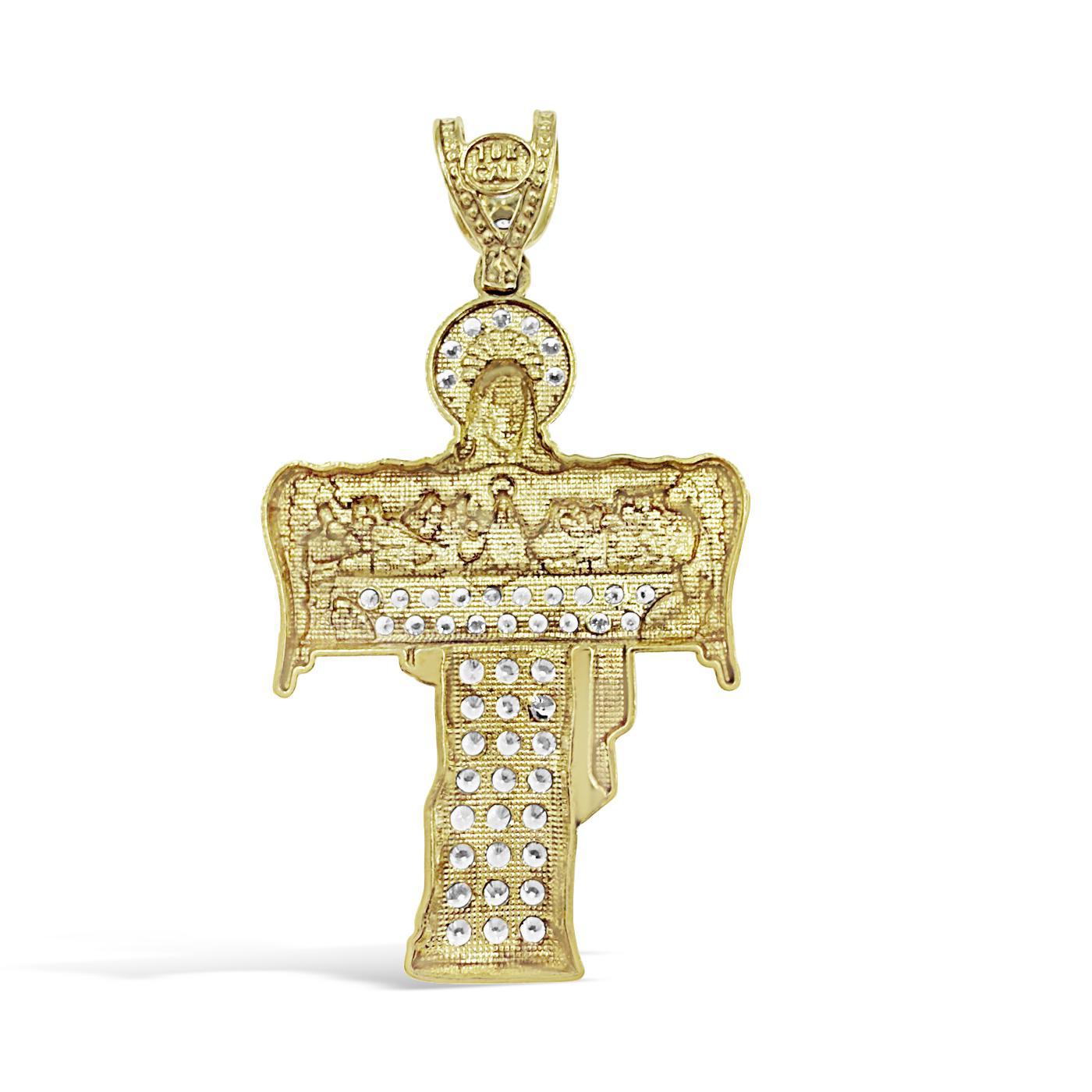 Last Supper Jesus Cross Pendant 10K Yellow Gold CZ Religious Charm 1.9 inch
