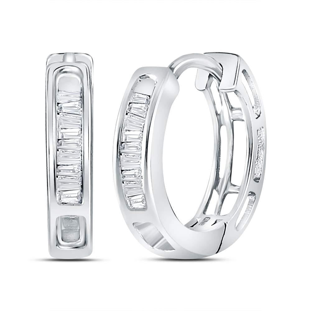 Baguette Diamond Hoop Huggie Earrings 10k White Gold