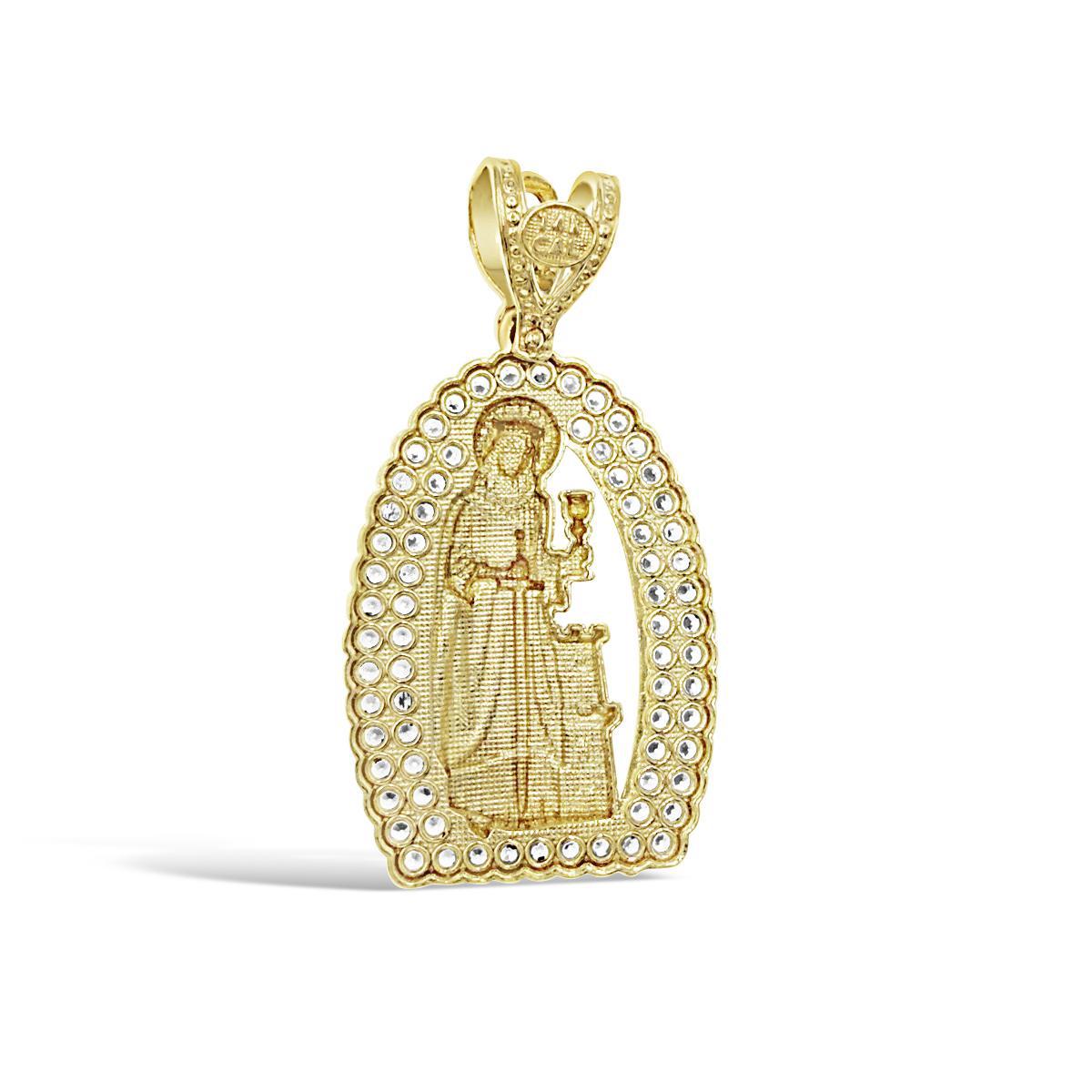 14K Yellow White Gold Saint Barbara Pendant CZ Religious Mens Charm 1.5 inch
