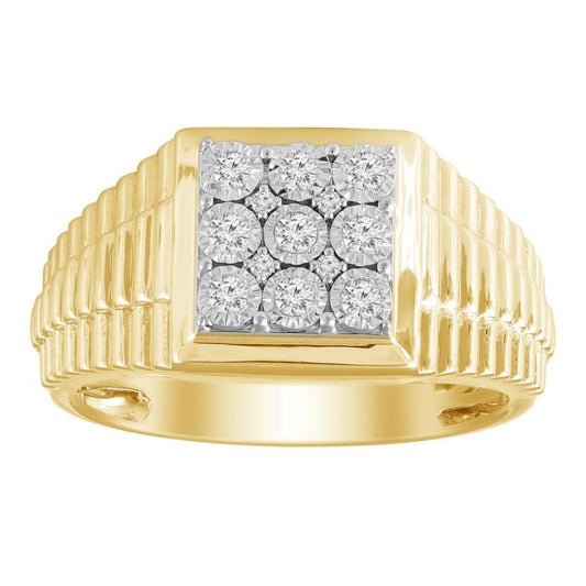 0.25ctw Diamond Square Cluster Signet Railroad Band Ring 10k Yellow Gold Mens